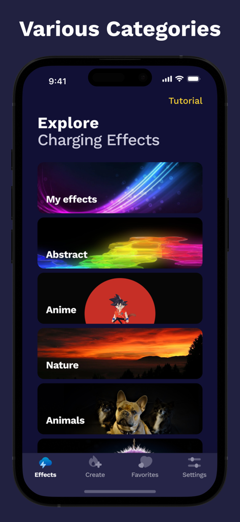 Charging Play & Emoji Battery - Smartphone screen showing various charging animation categories like Anime, Nature, and Animals.