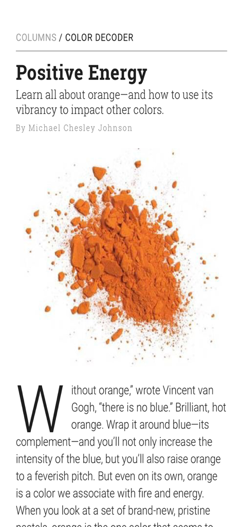 Pastel Journal - An article from Pastel Journal titled Positive Energy featuring a pile of vibrant orange pigment