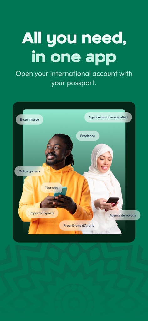 Zwei unterschiedliche Fachleute nutzen die Moneco Mobile App mit Labels für verschiedene internationale Geschäftskategorien wie Freelancing und E-Commerce.