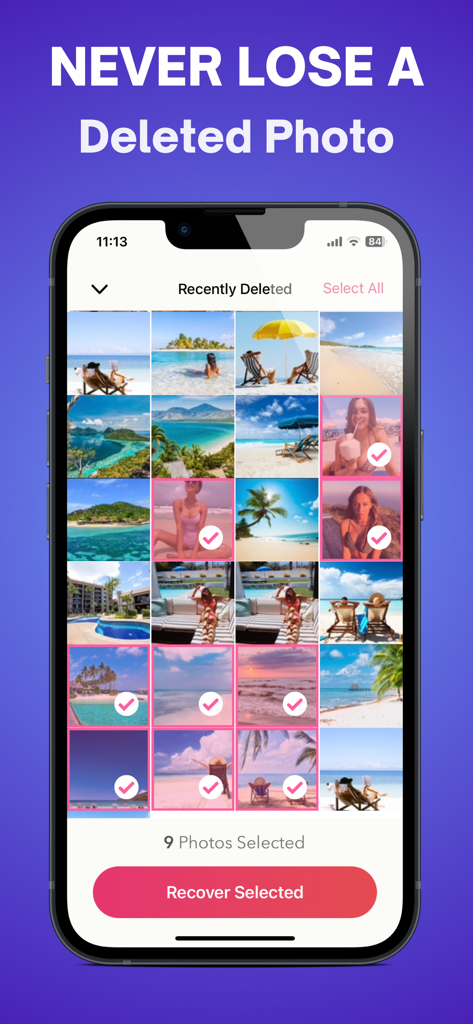 Photo Recovery app interface displaying a selection of recently deleted travel images with a recover button