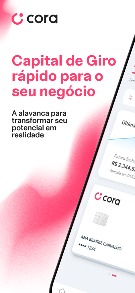 Conta PJ Digital - Cora - Interfaccia della banca digitale Cora che mostra soluzioni di capitale circolante per le aziende