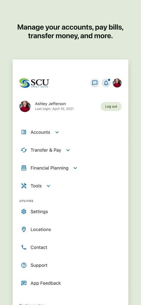 Dashboard of the SCU Credit Union Online app showing user profile and banking menu options