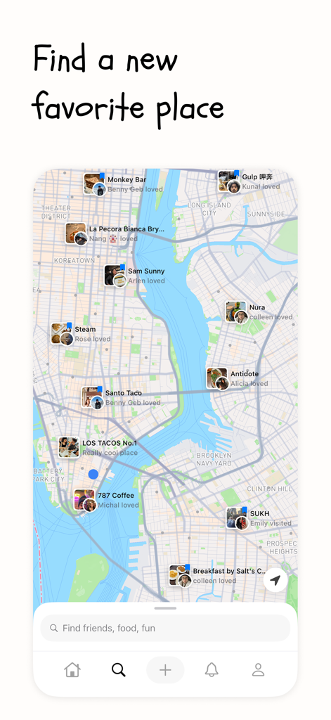 taste :) - Mobile app interface showing a map with restaurant recommendations from friends and creators.
