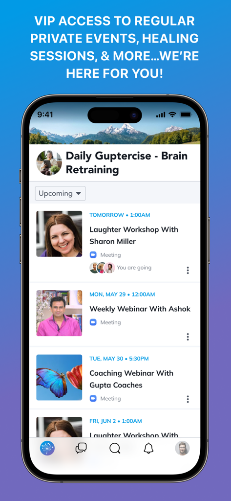 Gupta Program Brain Retraining - Lista de sessões de cura e webinars futuros no aplicativo Gupta Program