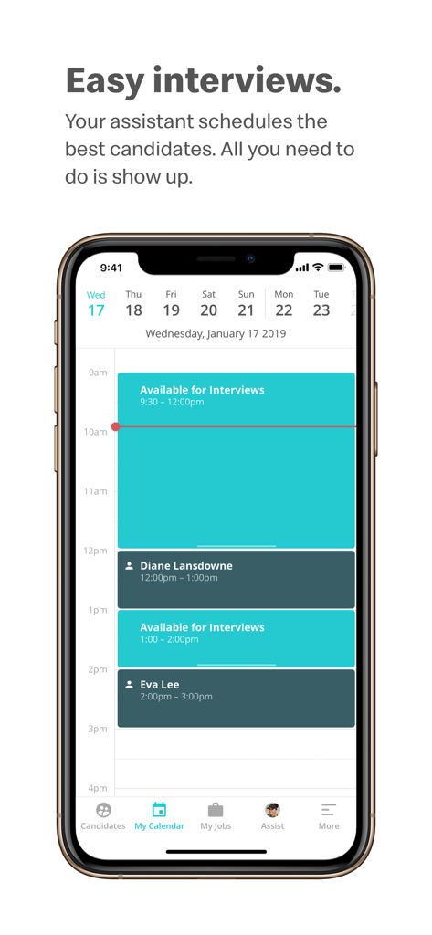 McHire - Application mobile McHire montrant un calendrier quotidien avec les entretiens prévus et les créneaux horaires disponibles