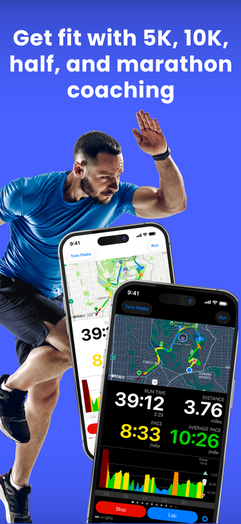 5K Runmeter Run Walk Training - Man running with iPhones displaying 5K Runmeter app statistics and marathon training plans