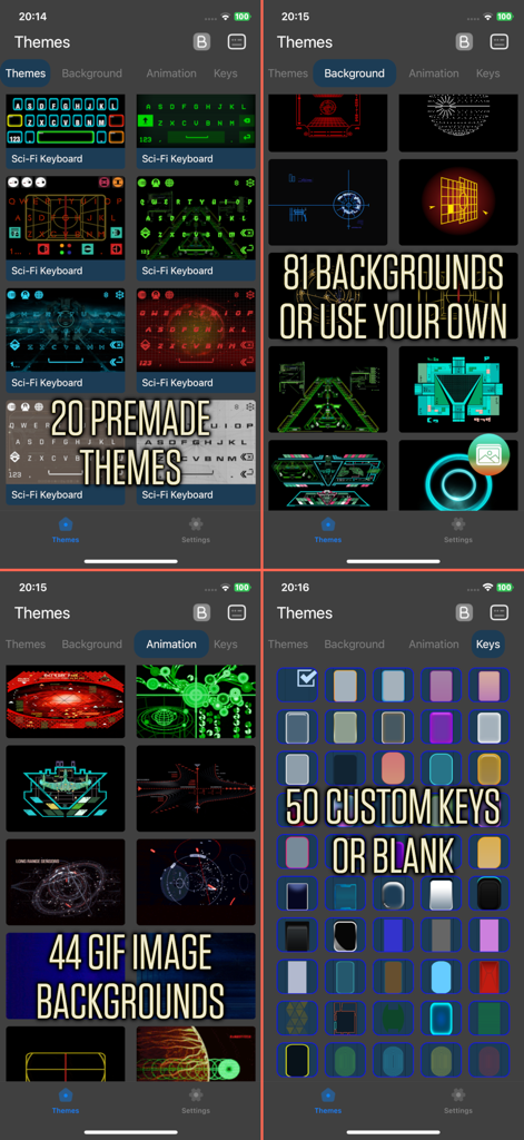 Sci-Fi Keyboard - Screenshots of Sci-Fi Keyboard app showing customization features like themes backgrounds animated GIFs and key styles