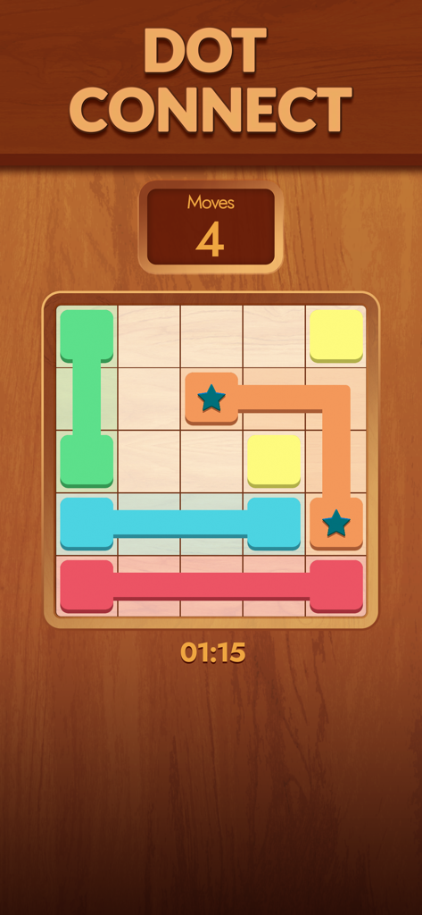 Offline Games: No Wifi Games - A wood-themed Dot Connect puzzle game interface showing colorful paths and blocks on a grid with a wooden background