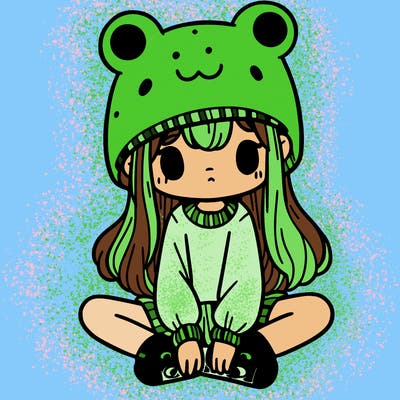 a girl wearing a frog hat and some frog socks