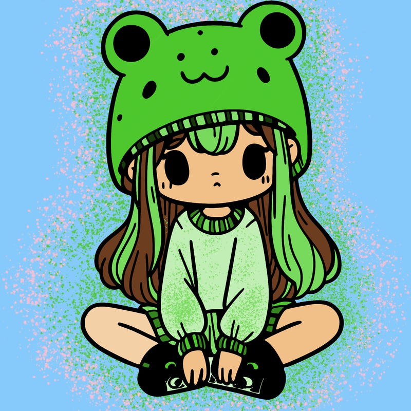 a girl wearing a frog hat and some frog socks