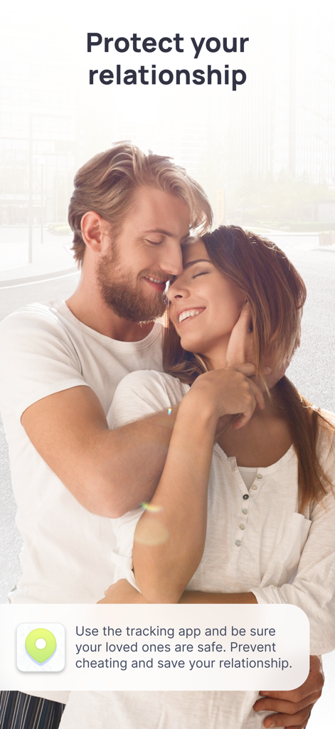 A happy couple embracing with text about relationship safety and GPS tracking