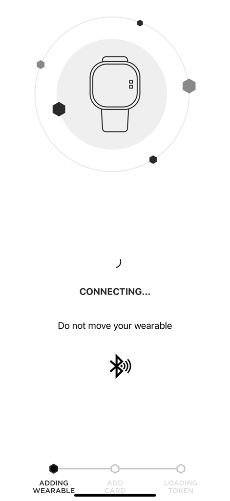 Tappy Pay - Tappy Pay app screen showing a wearable device connecting via Bluetooth with a progress bar at the bottom