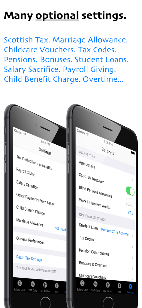 Captura de pantalla de la aplicación UK Tax Tool mostrando configuraciones opcionales para deducciones fiscales y beneficios