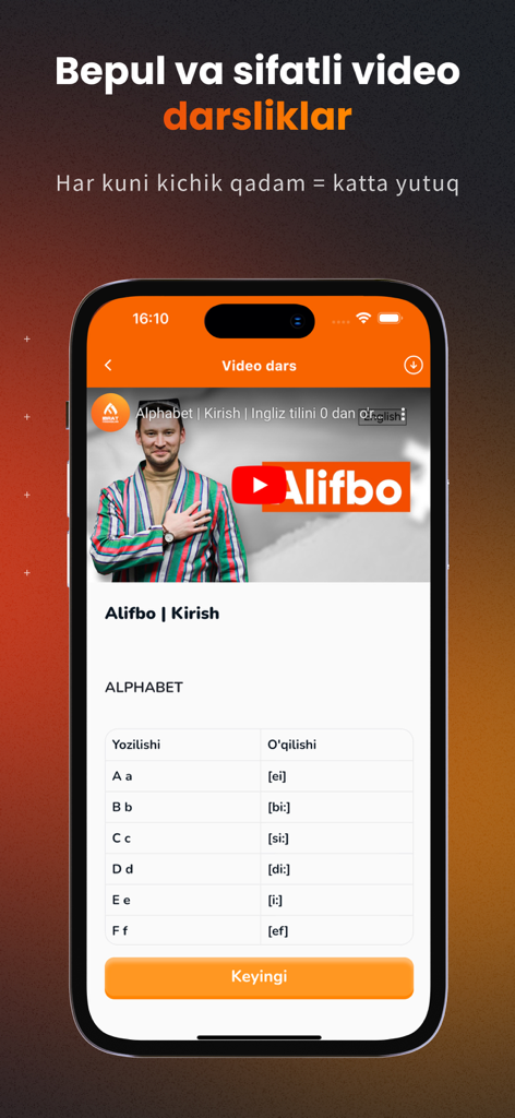 Ibrat Academy - Ibrat Academy app screen featuring a video lesson and alphabet pronunciation table