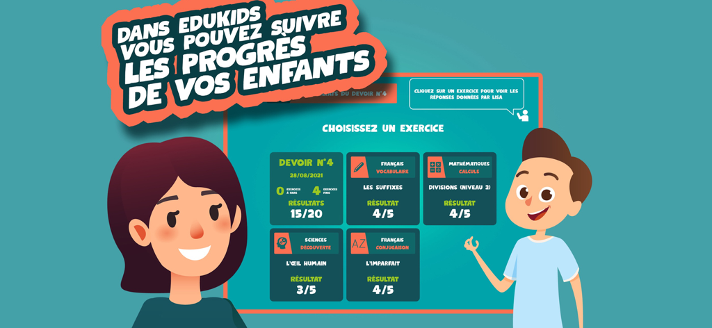 EduKids Ecole Primaire - Interface do aplicativo EduKids mostrando o progresso da criança e as pontuações acadêmicas para matérias do ensino primário