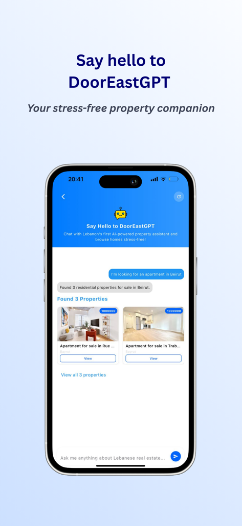 DoorEast - Lebanon Real Estate - Interface de chat do assistente de propriedades por IA DoorEastGPT mostrando listagens de apartamentos em Beirute