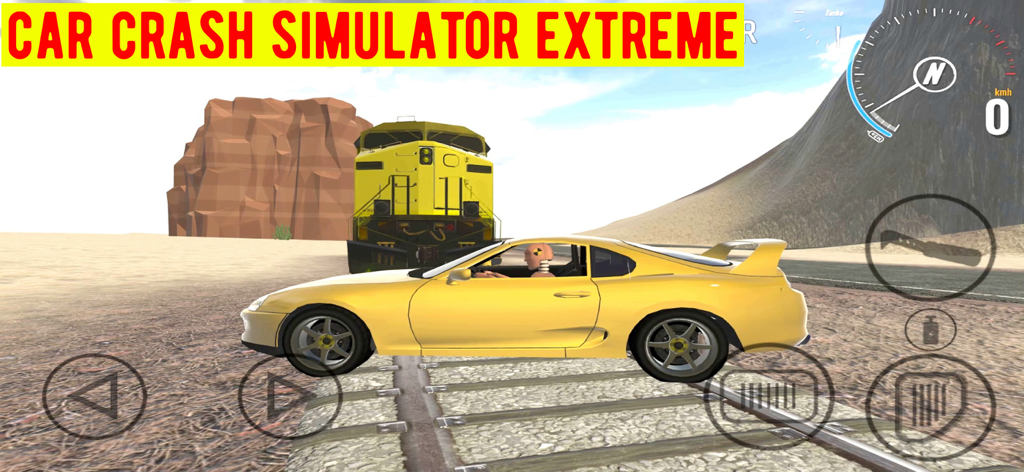 Car Crash Simulator Extreme - A yellow sports car on railroad tracks with a large yellow train approaching in Car Crash Simulator Extreme gameplay.