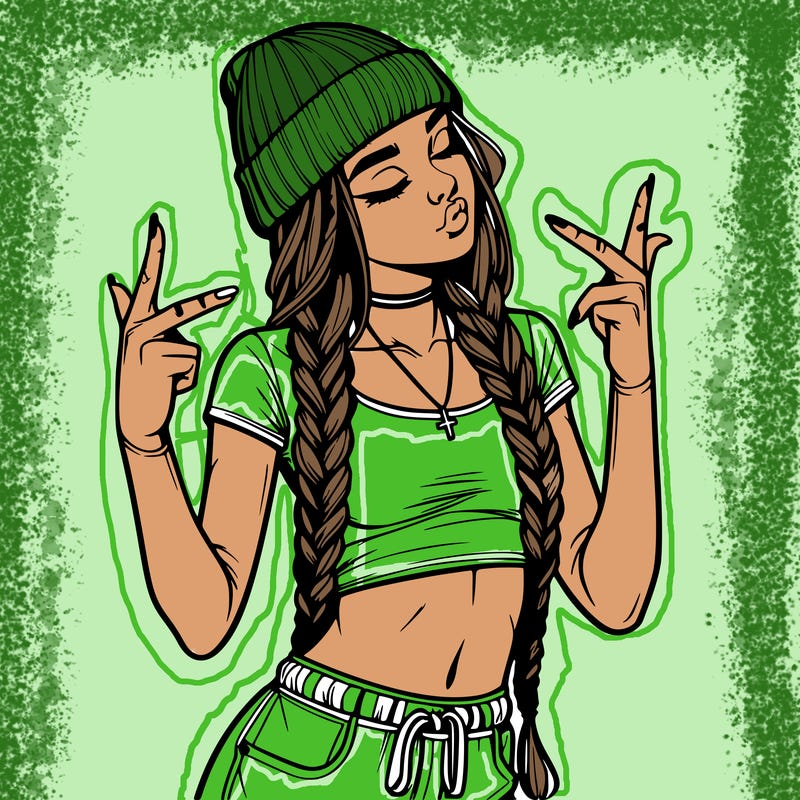 realistic teenage girl with braids and a beanie and crop top doing 🫶🏼