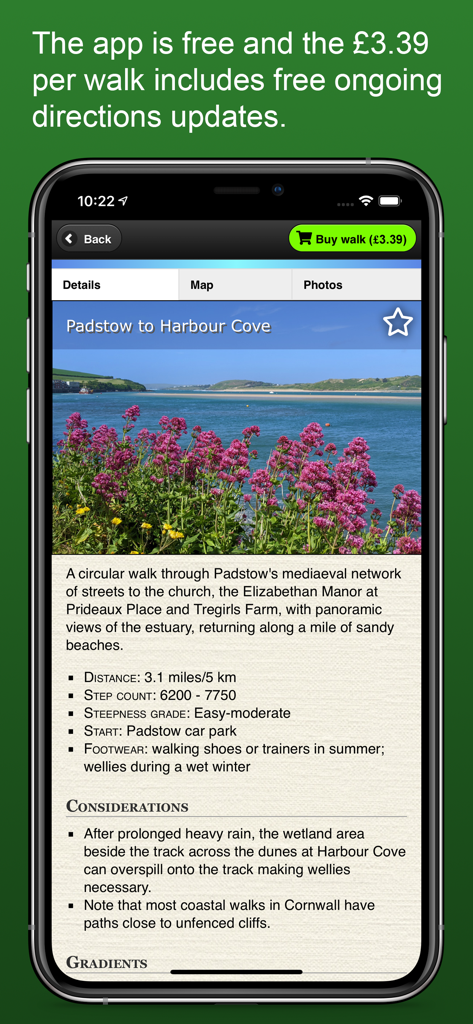 Interface of the iWalk Cornwall app showing details for the Padstow to Harbour Cove circular walking route including distance and terrain information.