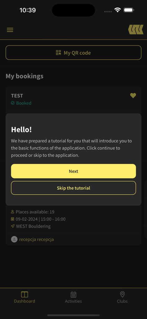 West Bouldering - Tela de boas-vindas do tutorial do aplicativo móvel West Bouldering e painel do usuário