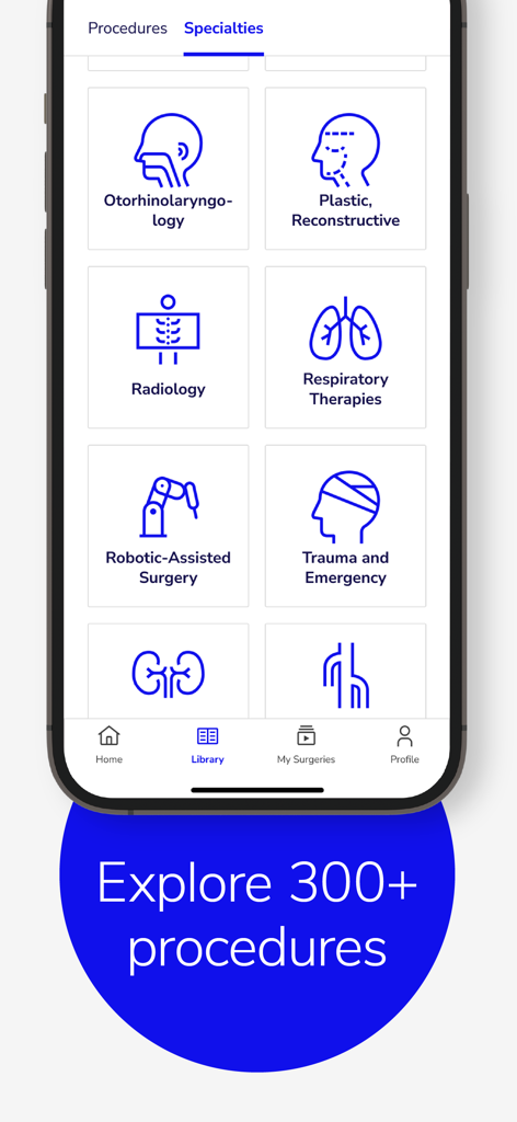Touch Surgery: Surgical Videos - A mobile app interface for Touch Surgery showing a grid of surgical specialties including plastic surgery and radiology with a prompt to explore over three hundred procedures.