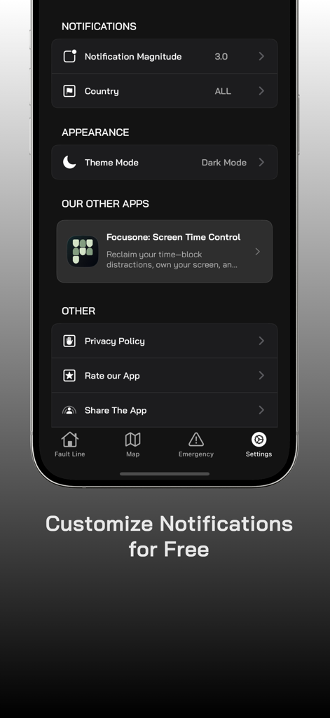 Fault Line - Earthquakes - The settings screen of the Fault Line earthquake app showing customizable notification magnitude and country filters in dark mode