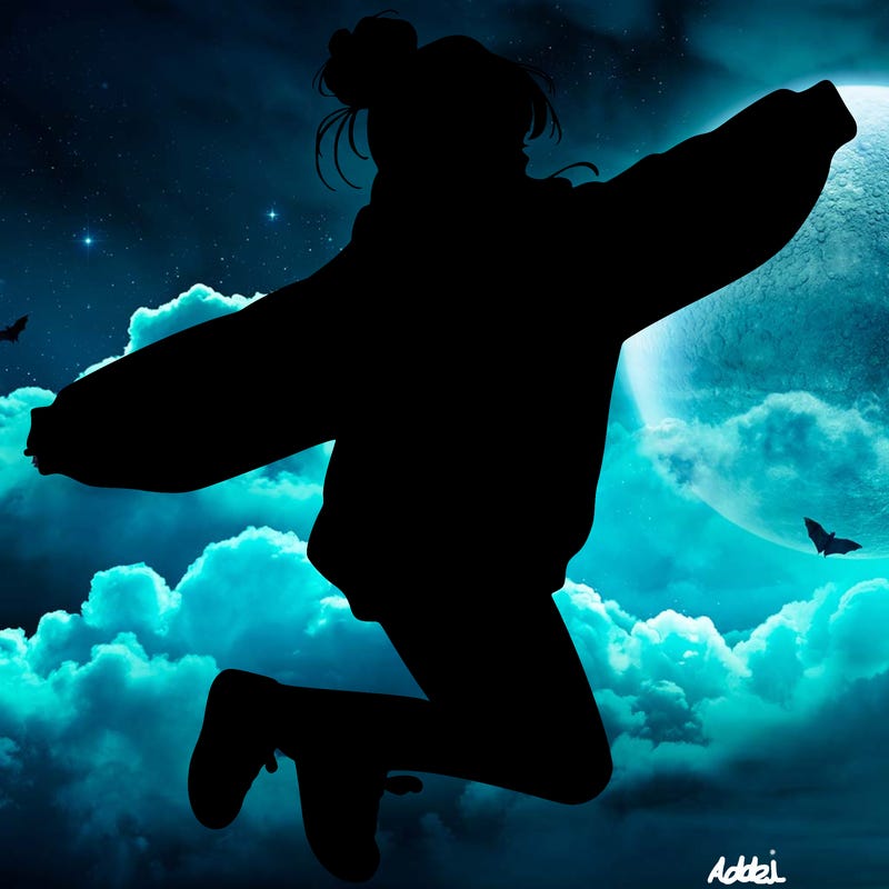 realistic girl jumping with a bun and oversized sweatshirt
