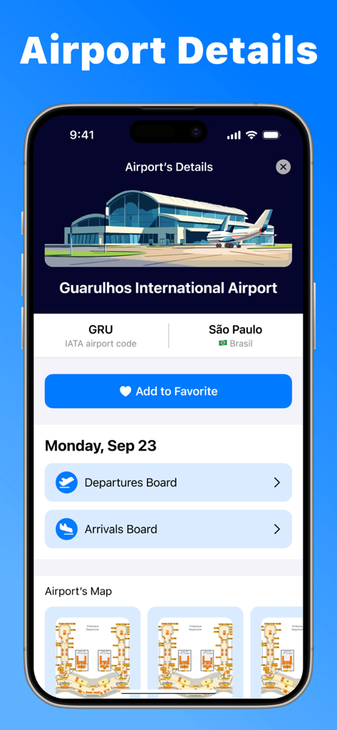 Flight Tracker, Plane Finder - Pantalla de detalles del aeropuerto con tableros de vuelos y mapas.