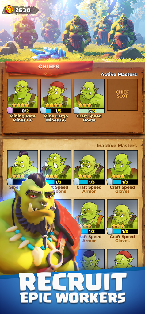 Orecraft: Mining Camp - A recruitment screen in Orecraft Mining Camp showing various orc chiefs and workers with specialized mining and crafting skills