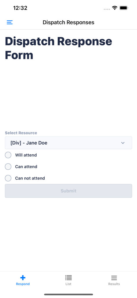 SAReye IMS - SAReye IMS-App-Oberfläche mit einem Formular für Einsatzantworten, das Anwesenheitsoptionen für Einsatzkräfte enthält.