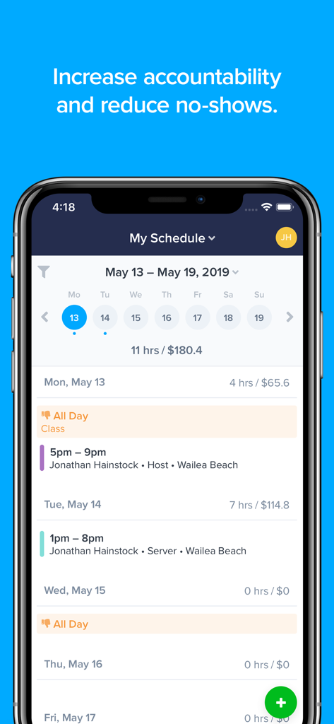 ZoomShift Employee Scheduling - Interfaz de la aplicación móvil ZoomShift que muestra un horario de trabajo semanal con detalles de turnos y ganancias.