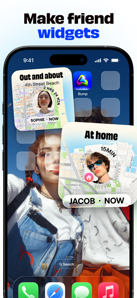 Bump - hang with friends IRL - iPhone home screen showing real-time friend location widgets from the Bump app