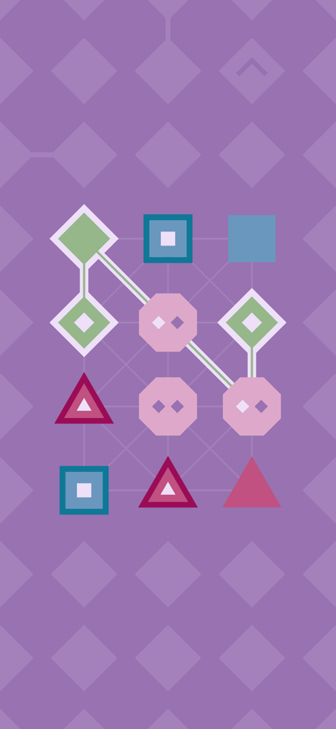 Um tabuleiro de quebra-cabeça minimalista do jogo LYNE com formas geométricas conectadas por linhas em um fundo estampado roxo.