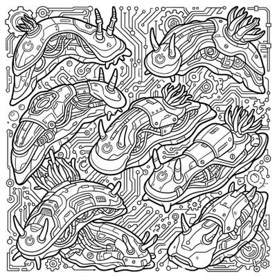 Journey to a high-tech ocean with our unique Cyberpunk Nudibranchs coloring page. These futuristic sea slugs, adorned with wires and robotic details, offer an exciting and intricate artistic challenge.