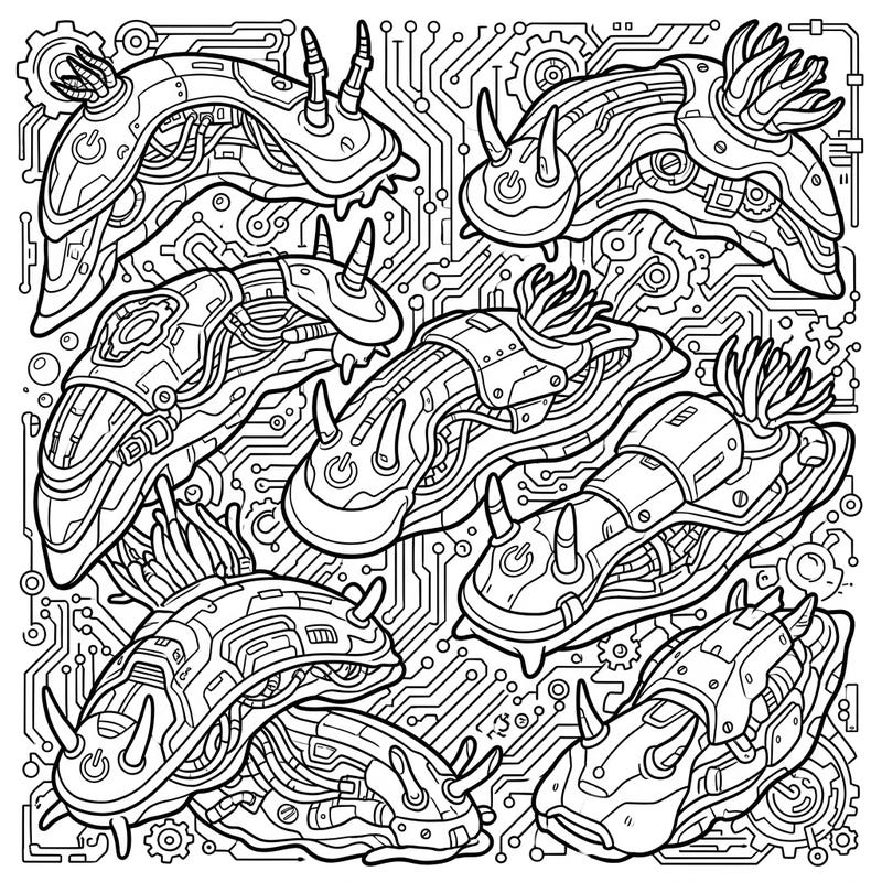 Journey to a high-tech ocean with our unique Cyberpunk Nudibranchs coloring page. These futuristic sea slugs, adorned with wires and robotic details, offer an exciting and intricate artistic challenge.