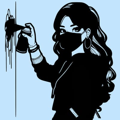 realistic girl with mask spray painting a wall