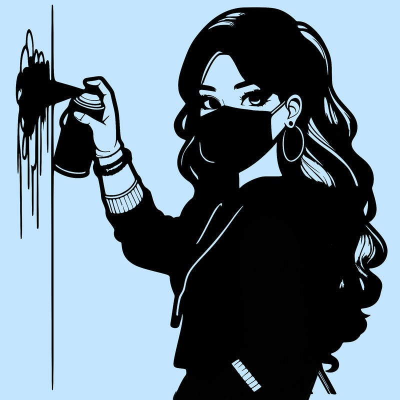 realistic girl with mask spray painting a wall