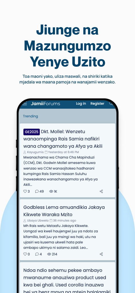 JamiiForums mobile app interface showing a trending feed of news and discussions in Swahili