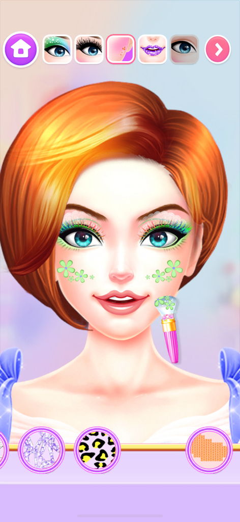 Makeup Salon: Games for Girls - Girl character receiving a colorful makeup makeover with flower face paint