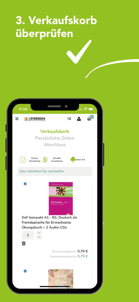 Mobile screen of the Studibuch app showing the sales basket for textbook buyback