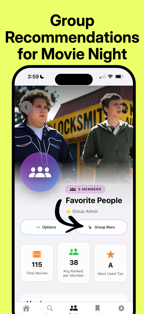 MoviePal - Find Movies & Shows - Una captura de pantalla de la aplicación MoviePal que muestra recomendaciones grupales para la noche de cine de un grupo de amigos.