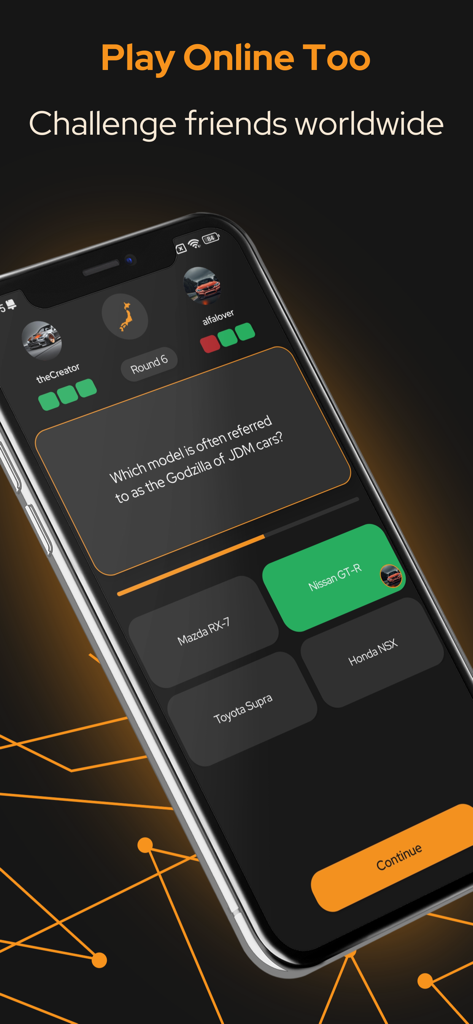 Modo multiplayer do aplicativo Car Quiz Plus mostrando uma pergunta de trivia automotiva