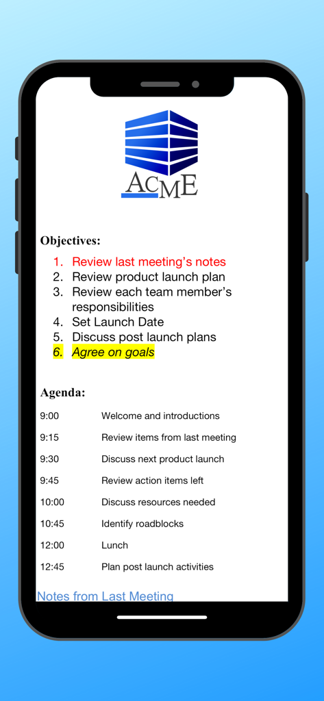Meeting agenda and objectives document viewed in Docs To Go app