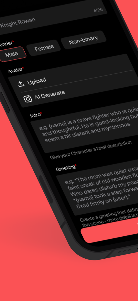 Girlfriend AI Simulator Lolly - Character creation interface for setting gender avatar and personality intro in the AI simulator app