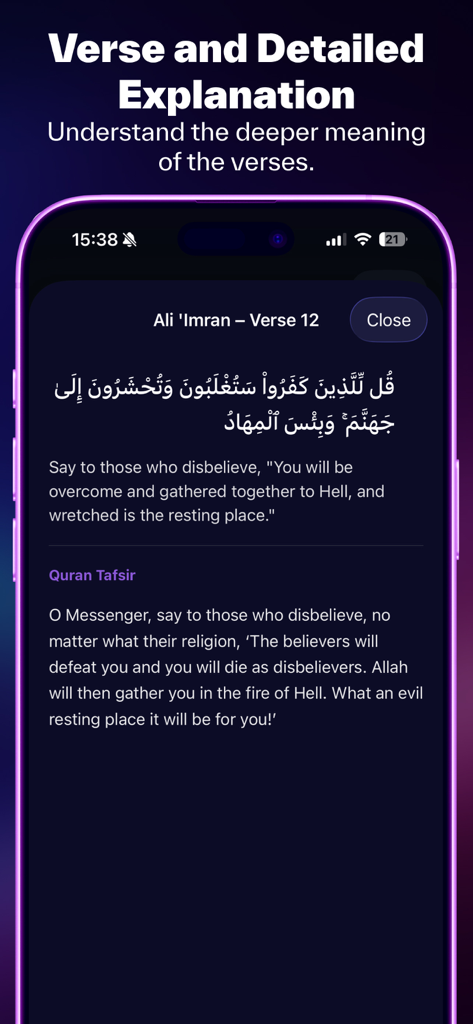 Islami - AI, Quran, Prayer - A Quran verse with English translation and a detailed Tafsir explanation shown in the Islami app