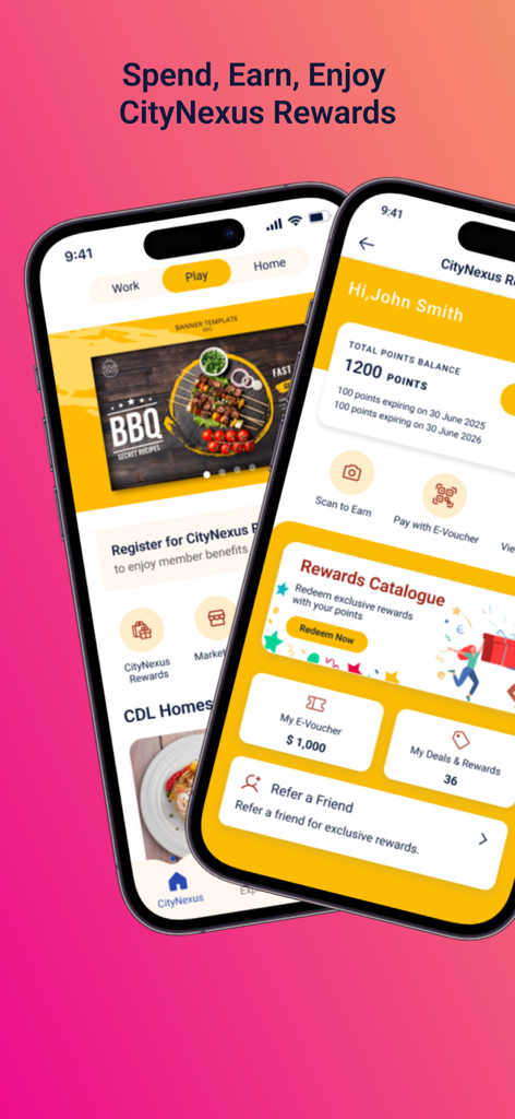 CityNexus-Meet Me in the City - Two mobile phones displaying the CityNexus app rewards dashboard and lifestyle features