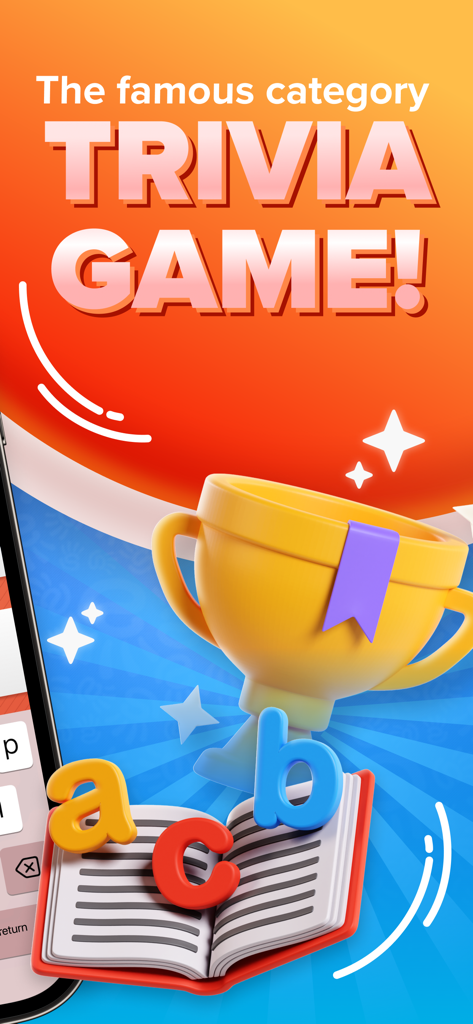 Stop - Categories Word Game - ストップカテゴリー単語ゲームのプロモーション。金色のトロフィーとトリビアプレイ用のカラフルな文字が表示されています。