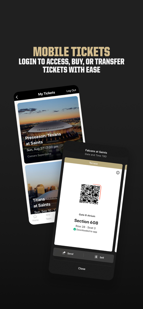 New Orleans Saints - Interface of the New Orleans Saints app showing mobile ticket management and a digital QR code for stadium entry.
