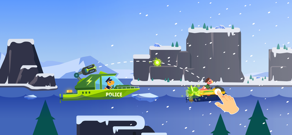 雪景色の中、ジェットスキーに乗った容疑者を追跡する緑色のパトロールボートに乗った恐竜警察官。