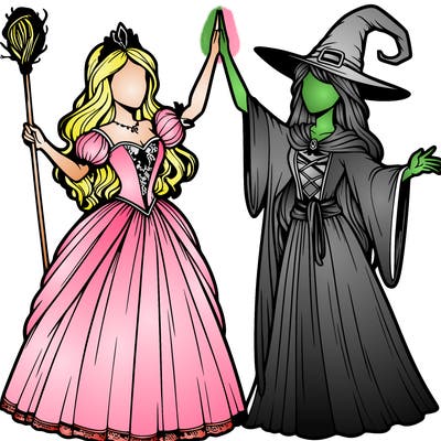 detailed realistic split of a princess and a witch